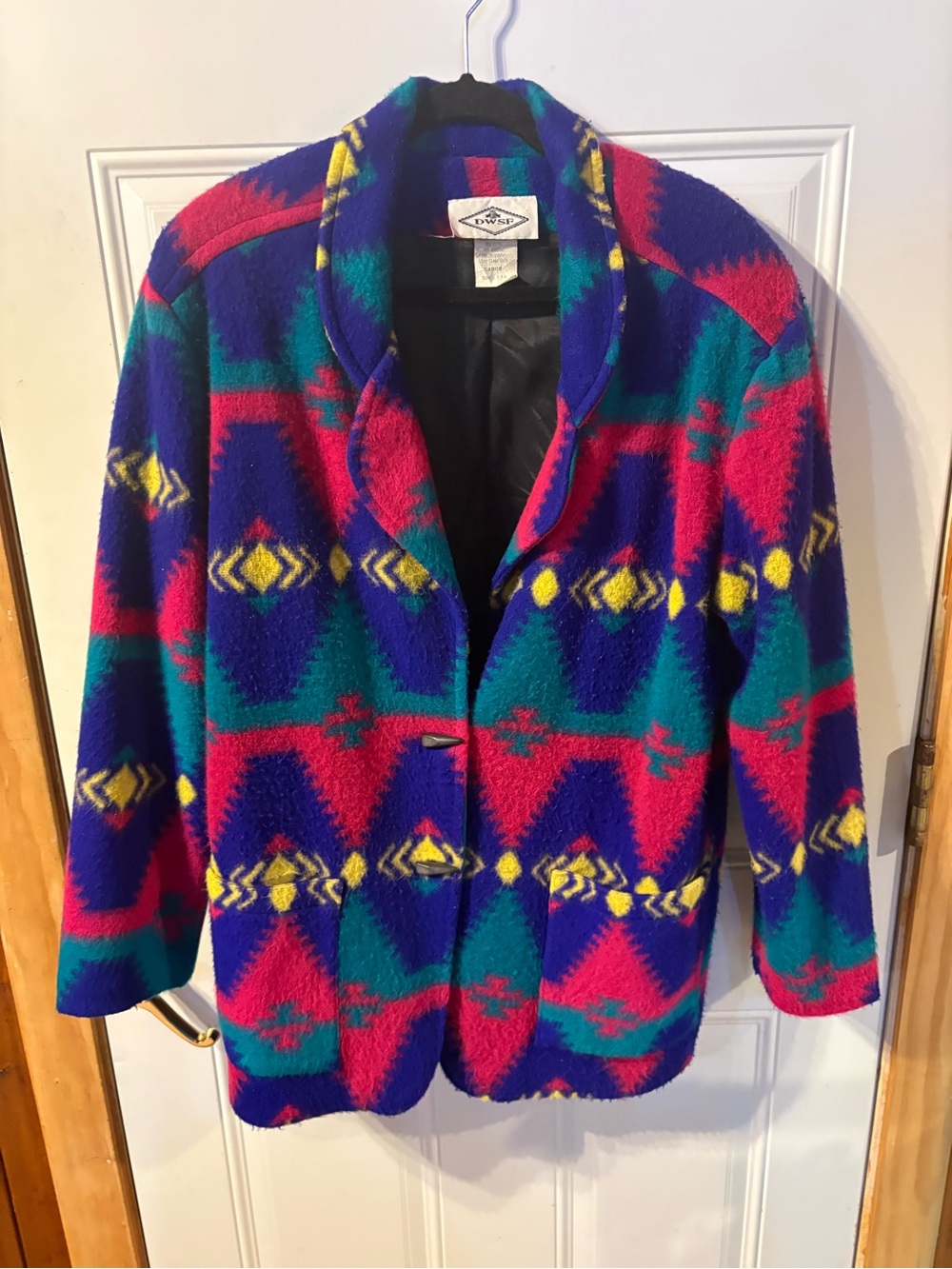 141) Vintage DWSF Southwestern Geometric Fleece Coat Size Large 80’s/90’s